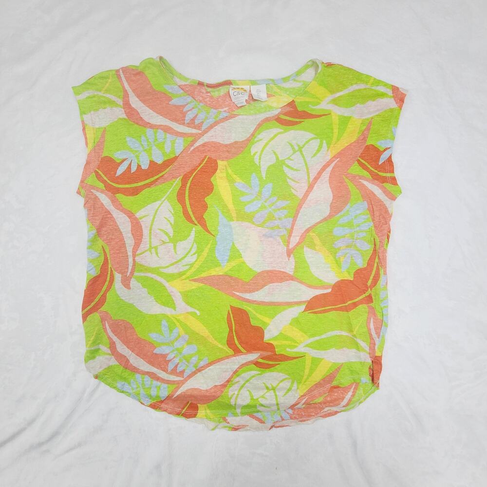 C&C California Linen Top Large Tropical Print Neon Green Summer Vacation Blouse